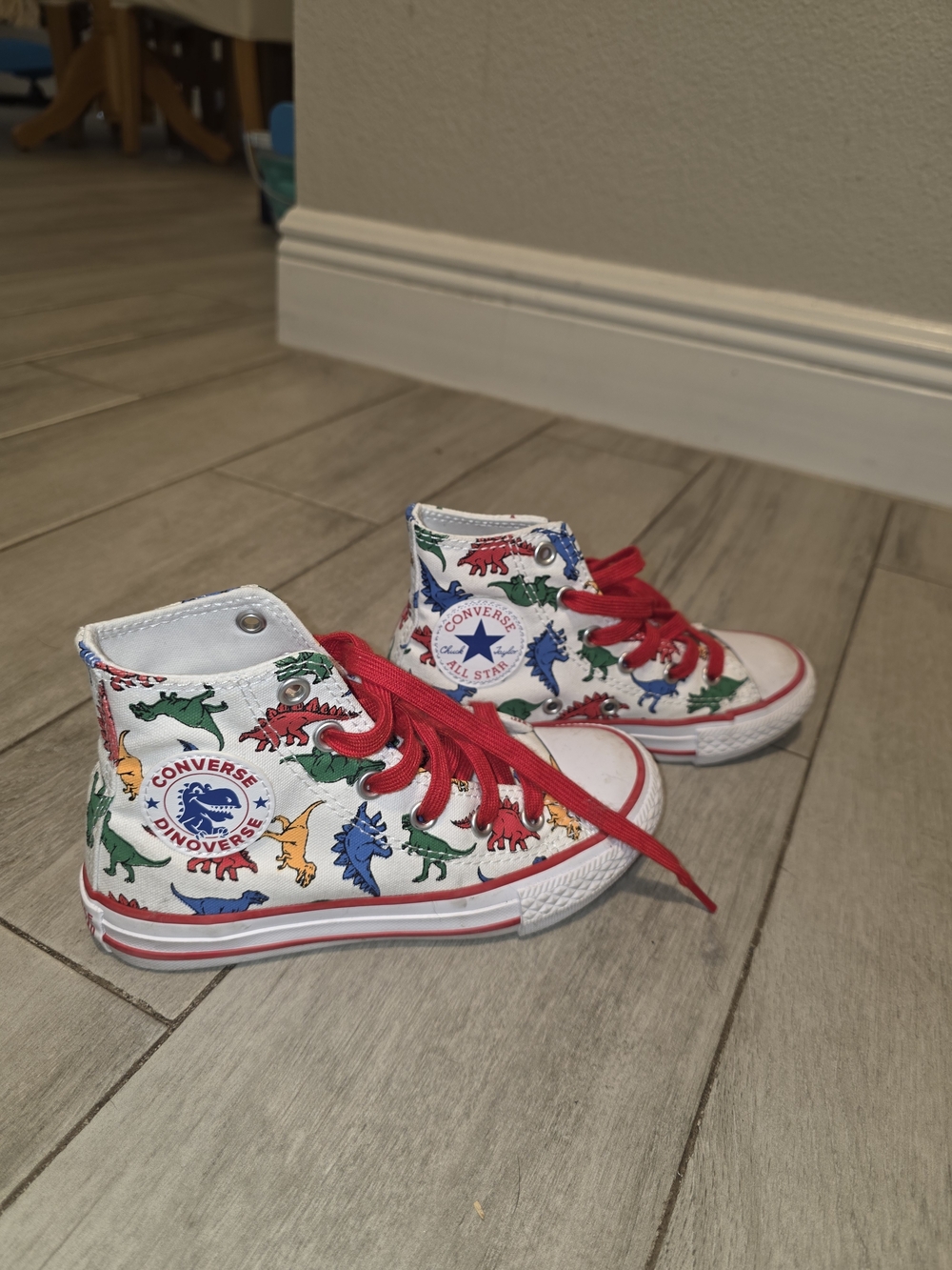 Converse Kids' White Dinosaur Print High-Top Sneakers with Red Laces